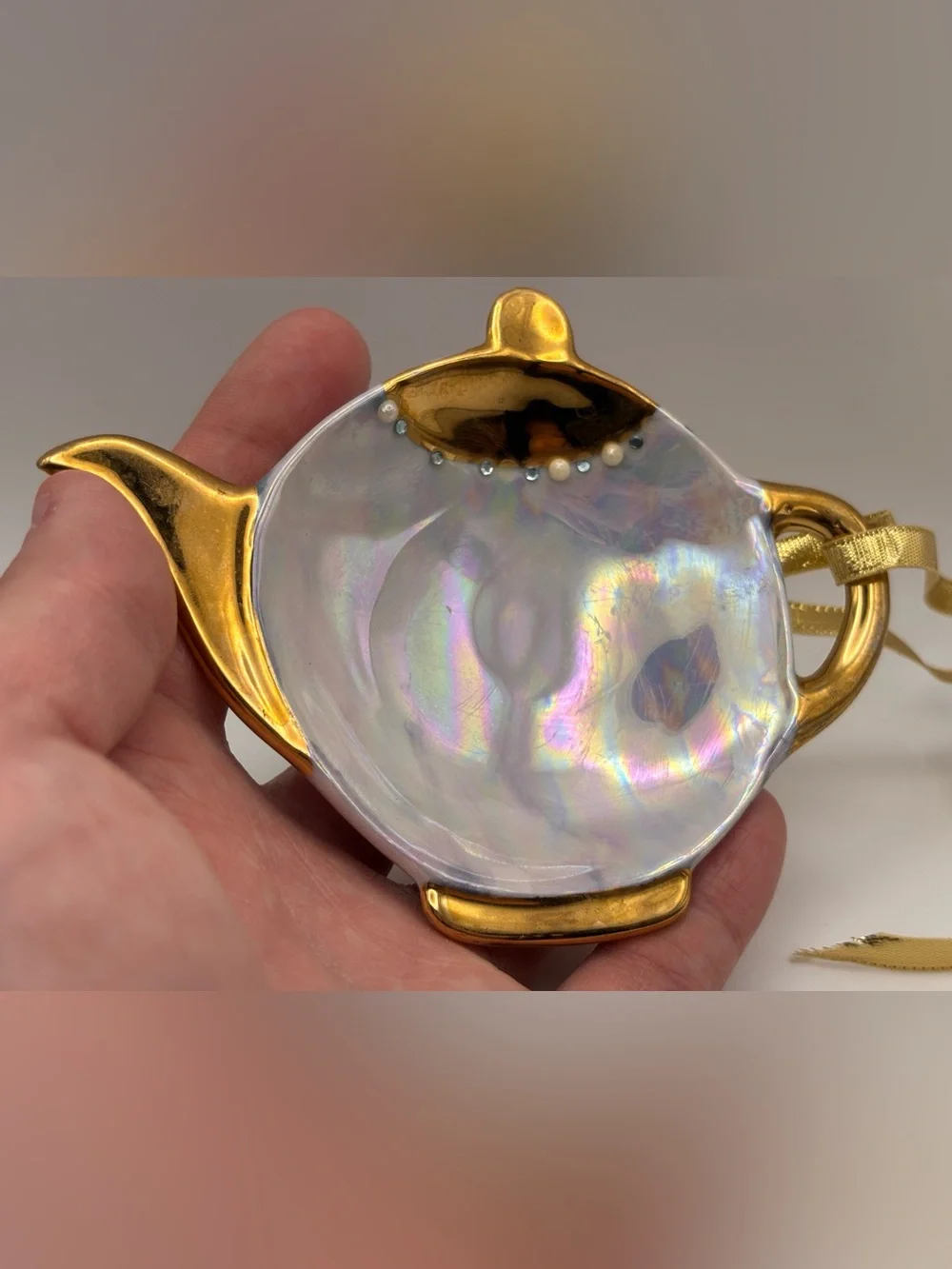 Vintage Lusterware Teabag Rest Ornament Iridescent and Gold Teapot Hanging Decor